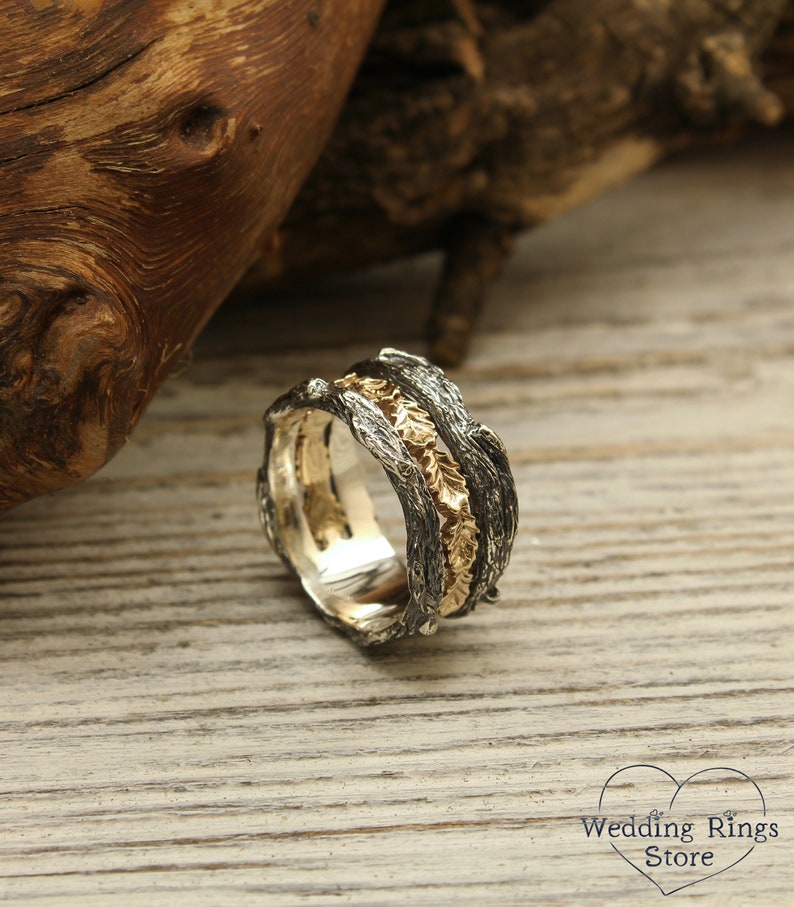 Oak Leaves and Branch Wedding Band Unique Tree Bark Band 14k Etsy