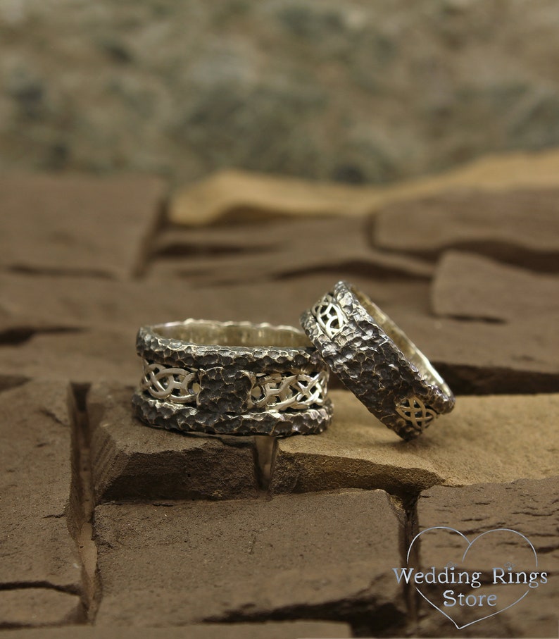 Unique sterling silver bands Celtic bands set Matching celtic rings set Rock celtic bands set Hammered His and Her celtic wedding bands