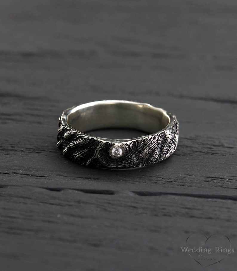 Diamond Tree Ring Mens Tree Bark Silver Wedding Band Rustic Etsy UK
