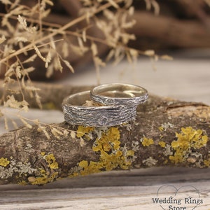 Seine und Sie Silber Eheringe Set, Holz passende Ringe für Paare, Eternity Bands, Natur inspirierte Ringe, Wald Eheringe Set Bild 3