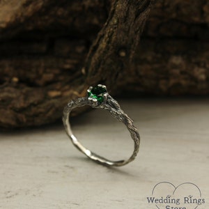 Emerald dainty branch engagement ring, Tiny twig engagement ring, Unique women's twig ring, Tree bark sterling silver ring, Emerald ring image 6