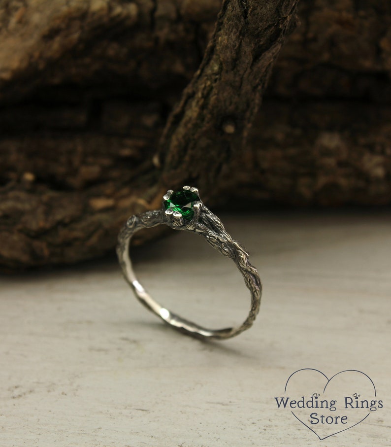 Emerald dainty branch engagement ring, Tiny twig engagement ring, Unique women's twig ring, Tree bark sterling silver ring, Emerald ring image 6