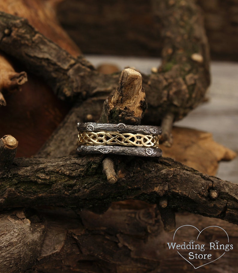 Tree mixed metals wedding band with celtic pattern, Celtic wedding band, Tree silver and gold ring, Celtic and tree bark band, Unique ring image 1