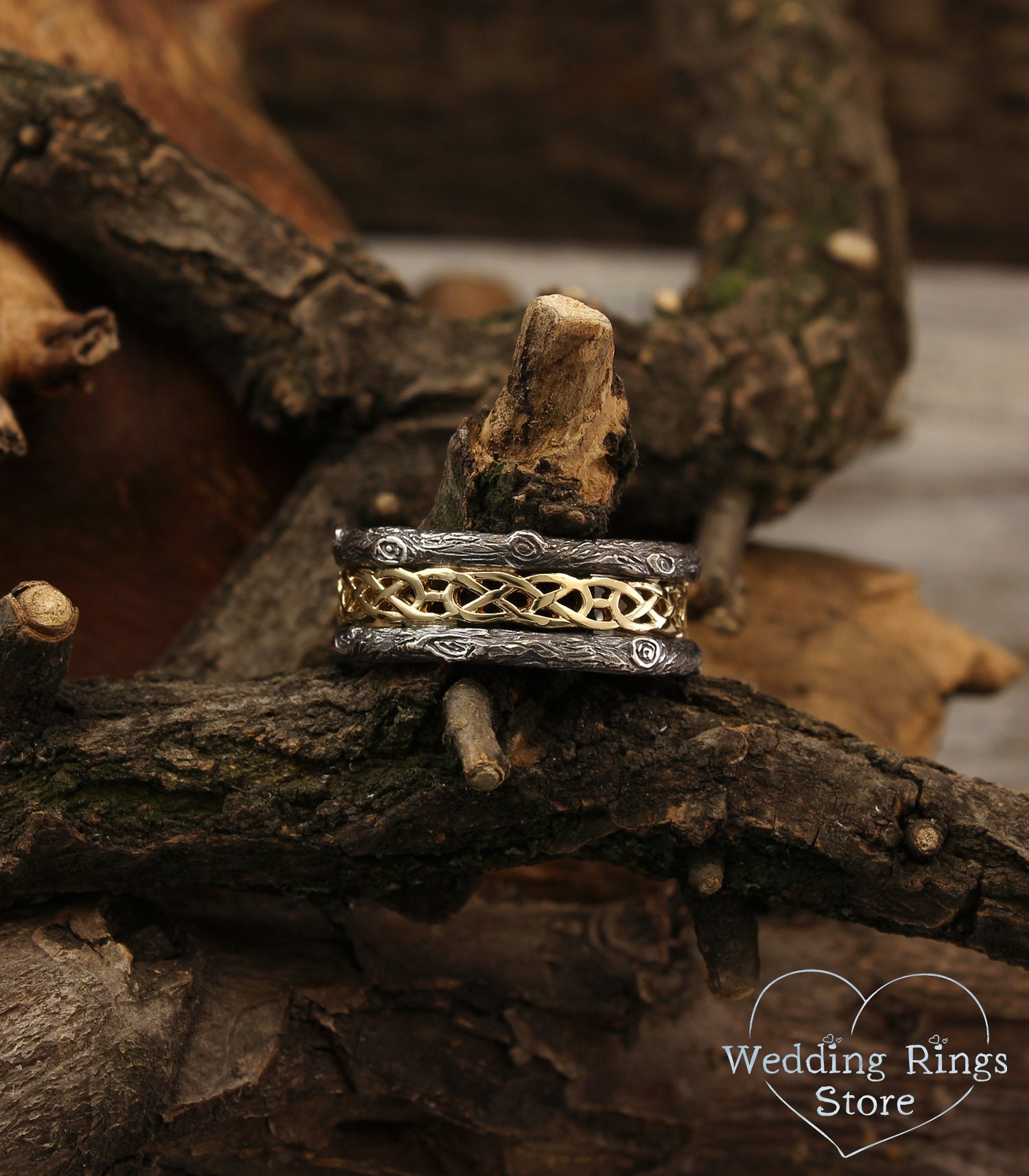 Tree mixed metals wedding band with celtic pattern, Celtic wedding band, Tree silver and gold ring, Celtic and tree bark band, Unique ring