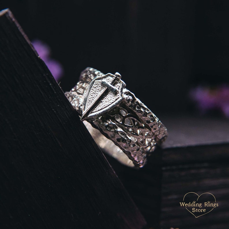 Dagger silver ring for brutalist man. Cross sword ring.