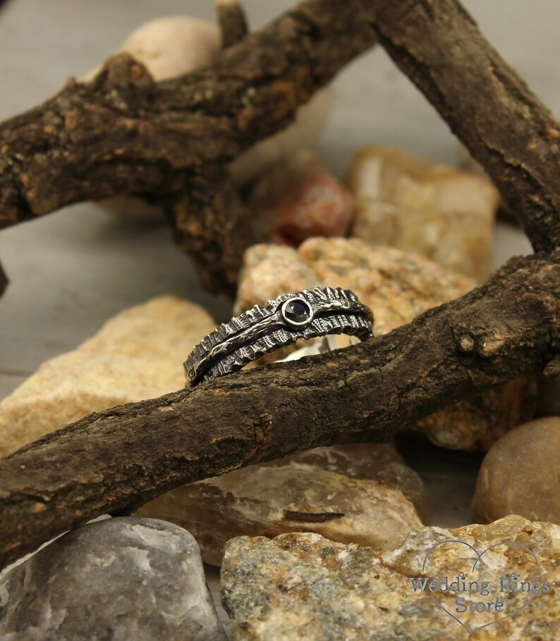 Tree bark band with sapphire Unusual tree wedding band 5mm wedding band Unique durable wedding band Rustic ring Sapphire silver ring