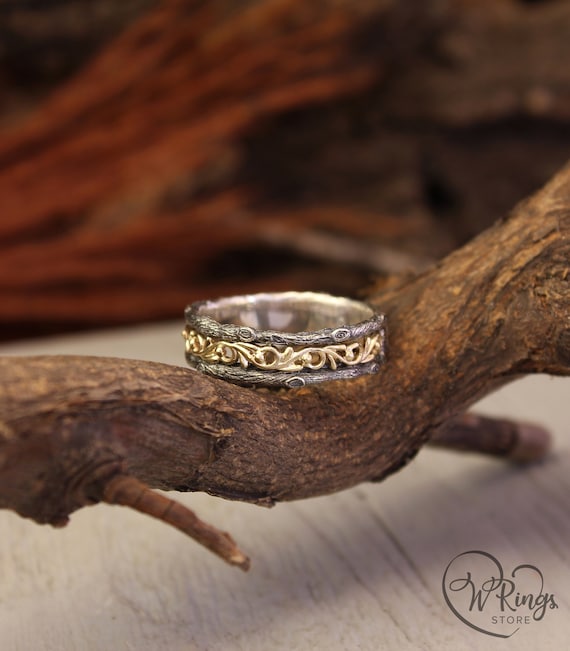 Vintage Style Gold Vine and Silver Tree Bark Wedding Band Mixed