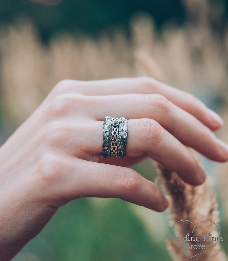Celtic patterned band with Peridot, Celtic wedding band, Tree bark wedding band, Unusual celtic gift, Branch wedding ring, 10mm silver ring image 4