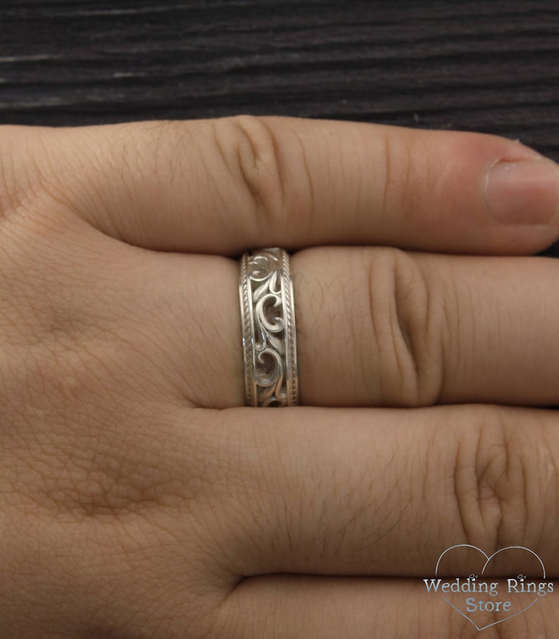 Vintage style silver wedding bands, Nature wedding rings, Couple rings, Leaves wedding band set, Expensive silver rings, Unique set ring image 8