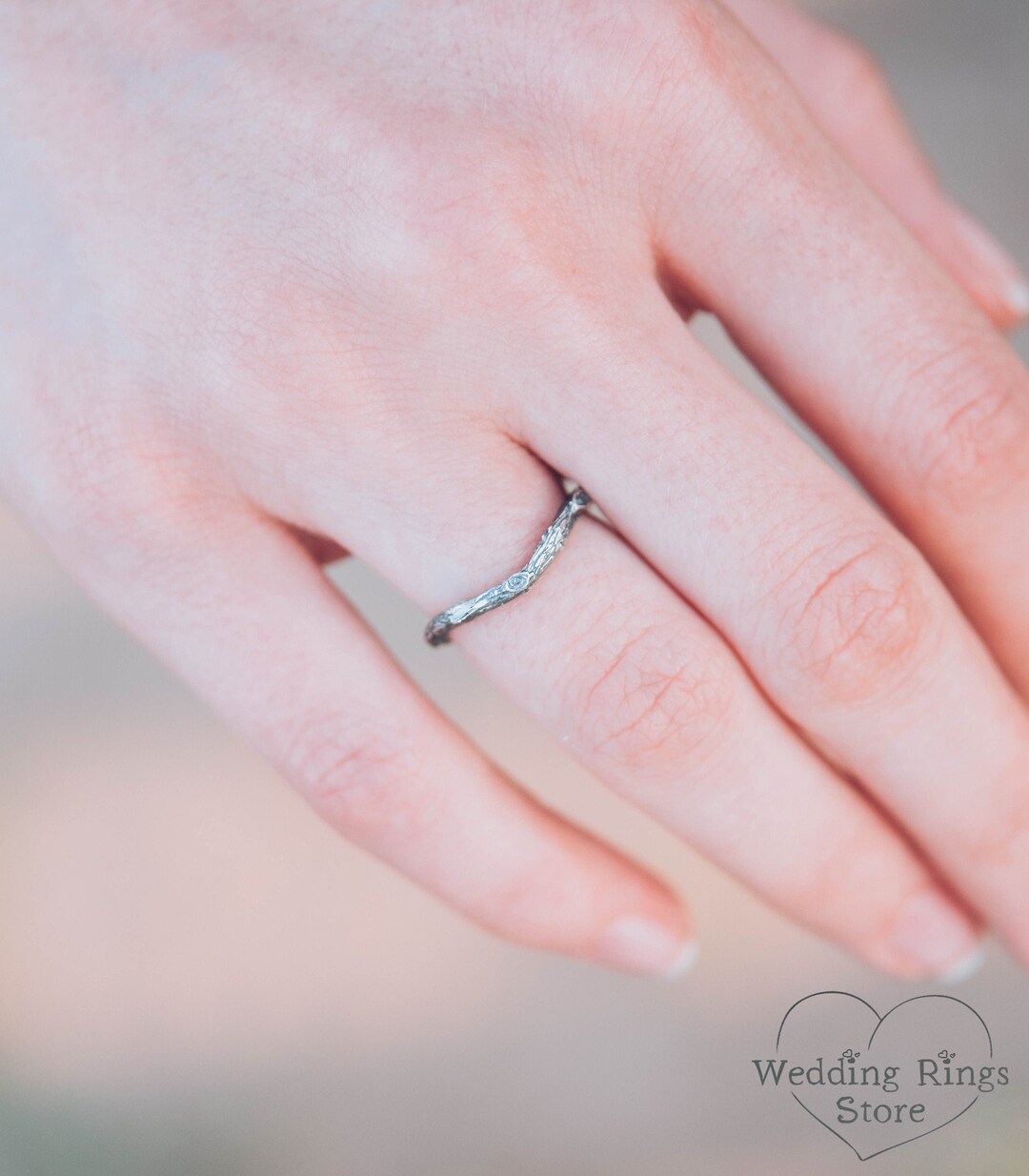 Tree Bark Tiny Wedding Band, Stackable Tree Ring, Nature Silver Wedding