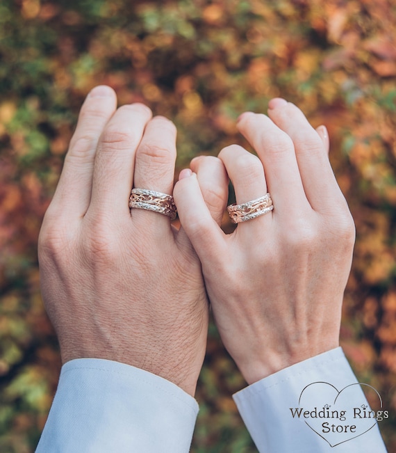 Hammered and Gold Vine Matching Wedding Bands Set Mixed - Etsy