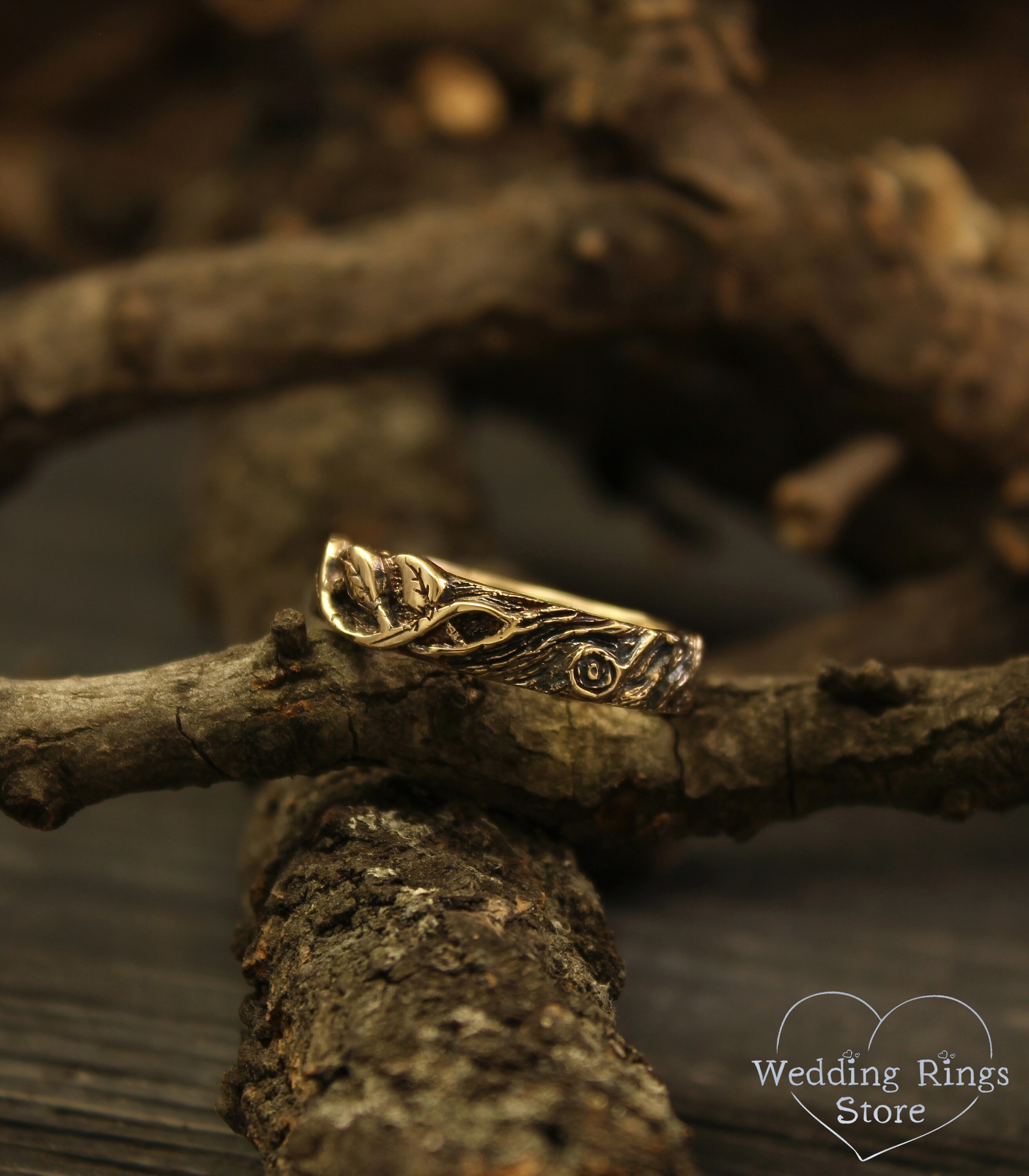 Unusual tree bark wedding band with leaves Woman's Etsy