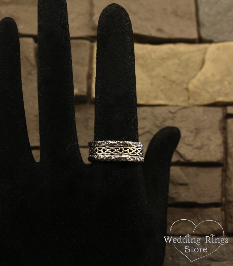 Unique sterling silver bands Celtic bands set Matching celtic rings set Rock celtic bands set Hammered His and Her celtic wedding bands