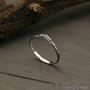Tiny Tree bark Chevron Ring, Unique Silver V Ring, Thin Silver Stacking Ring Woodbark and Gemstones, CZ Curved Wedding Band for Women image 4