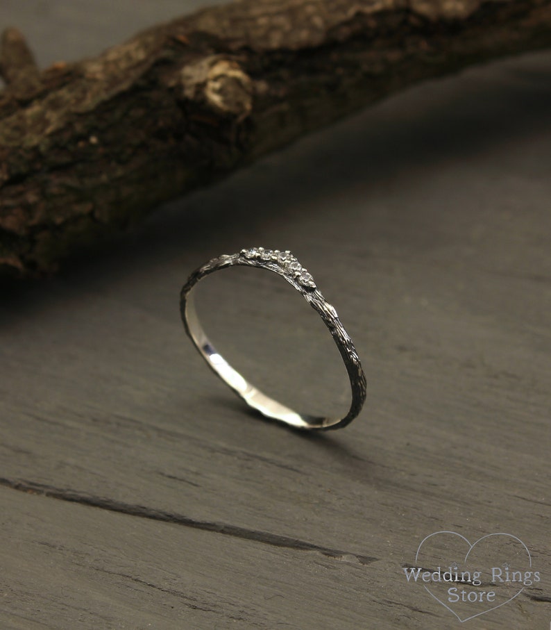 Tiny Tree bark Chevron Ring, Unique Silver V Ring, Thin Silver Stacking Ring Woodbark and Gemstones, CZ Curved Wedding Band for Women image 4