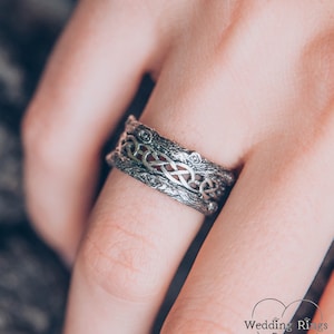 Unique silver tree band with celtic pattern, Tree silver wedding band, Celtic wedding ring with tree bark, Wide silver ring, Unusual band image 8