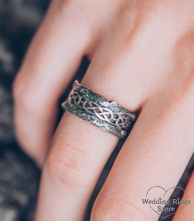 Unique silver tree band with celtic pattern, Tree silver wedding band, Celtic wedding ring with tree bark, Wide silver ring, Unusual band image 8