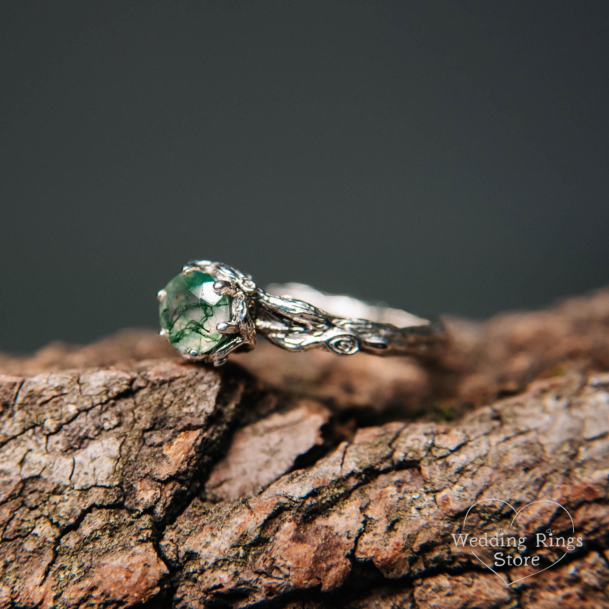 Fairy Moss Agate Engagement Ring Silver Tree Branch Nature Ring Vintage Fantasy Twig and Organic Green Crystal Gem with Healing Properties