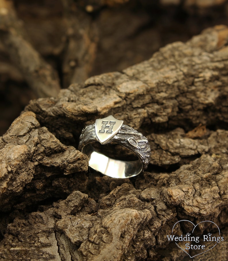 Unique Men's Initial Ring With Shield Engraving Wedding Etsy