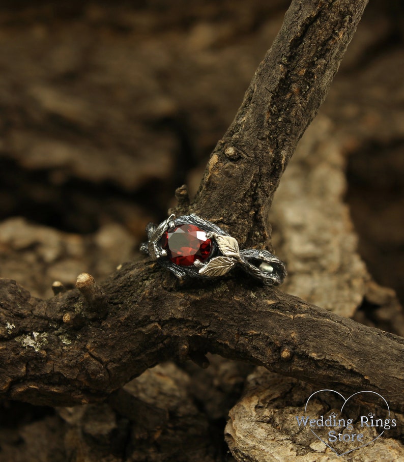 Leaf on the branch engagement garnet ring, Unique women's garnet ring, Leaves ring, Forest engagement ring, Oval cut ring, Sterling silver 