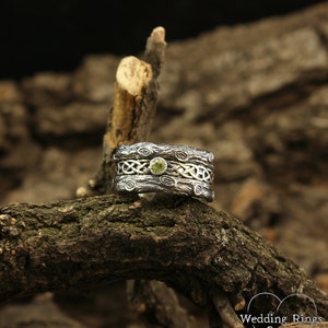 Celtic patterned band with Peridot, Celtic wedding band, Tree bark wedding band, Unusual celtic gift, Branch wedding ring, 10mm silver ring image 8
