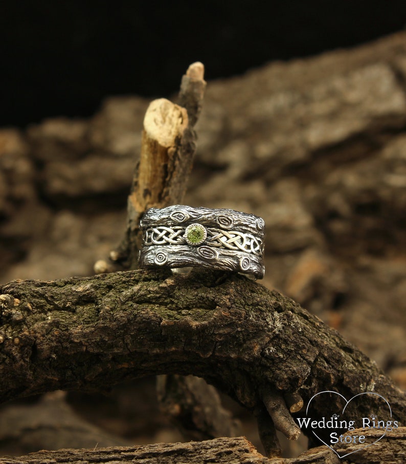 Celtic patterned band with Peridot, Celtic wedding band, Tree bark wedding band, Unusual celtic gift, Branch wedding ring, 10mm silver ring image 8