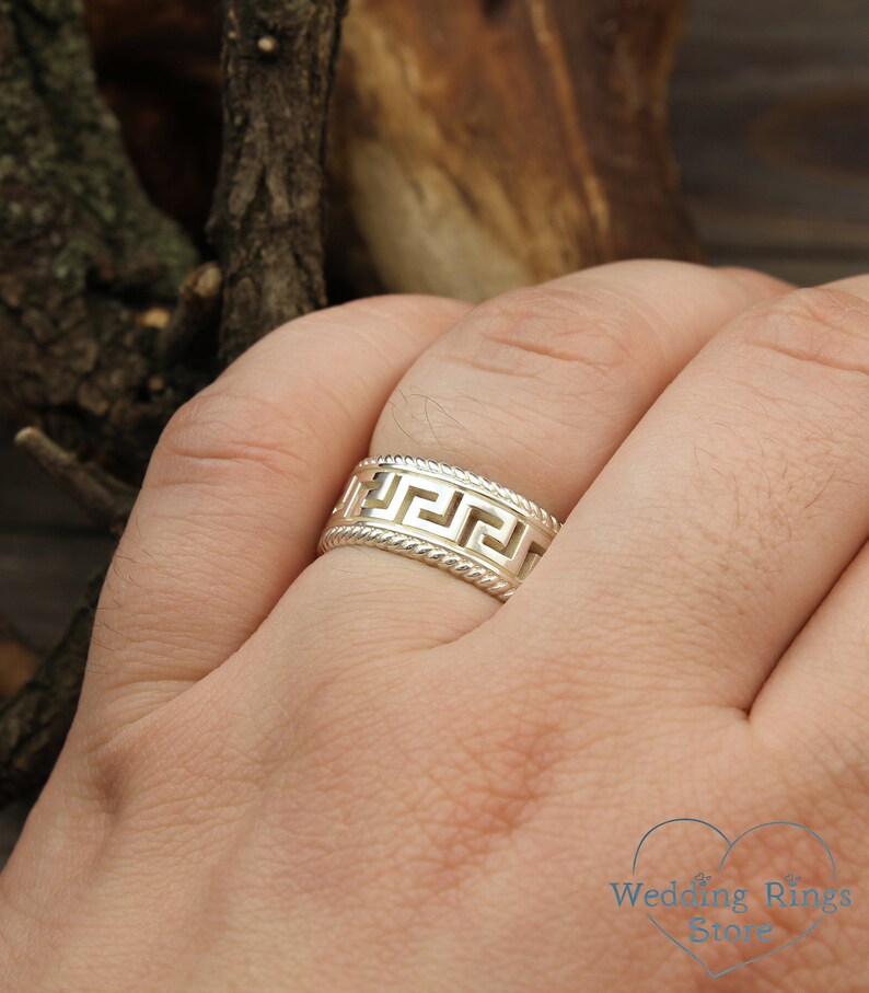 Men/'s greek wedding band Greek wedding band Unusual silver wedding band Women/'s greek band Greek key and filigree silver wedding band