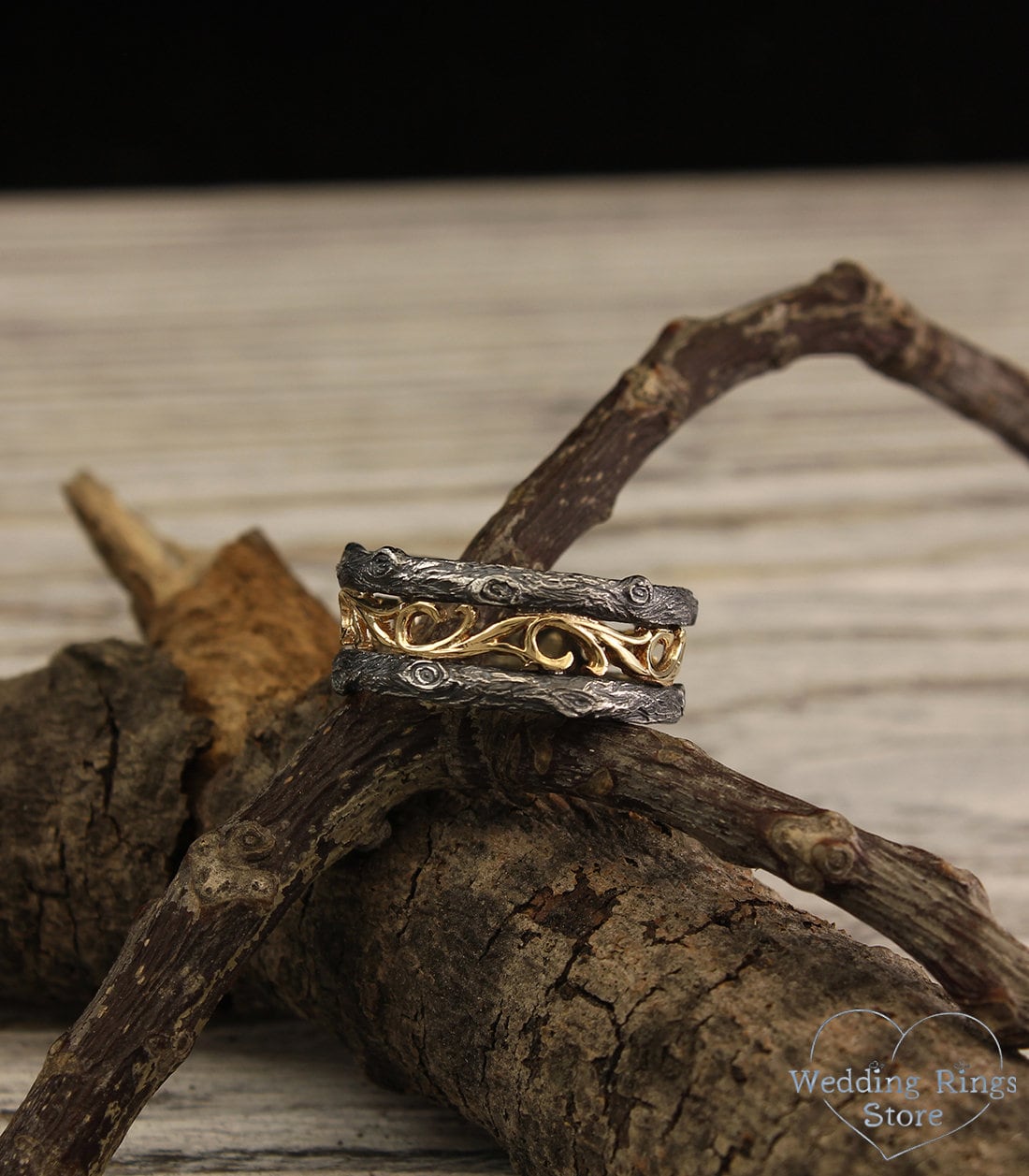 Tree mixed metals wedding band, Vintage style vine ring, Unique silver and gold ring, Womens tree band, Unique nature band, Anniversary ring