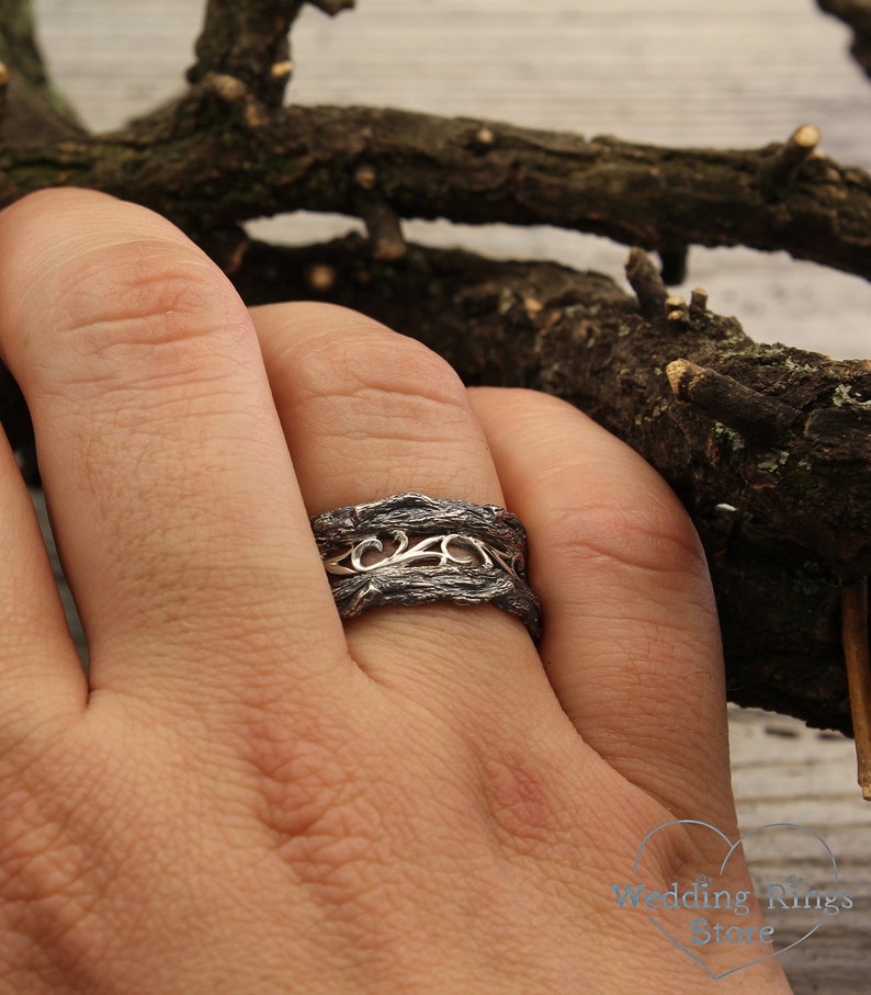 Rustic style tree band Unique men's silver wedding band | Etsy