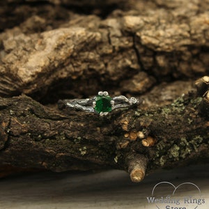 Emerald dainty branch engagement ring, Tiny twig engagement ring, Unique women's twig ring, Tree bark sterling silver ring, Emerald ring image 5