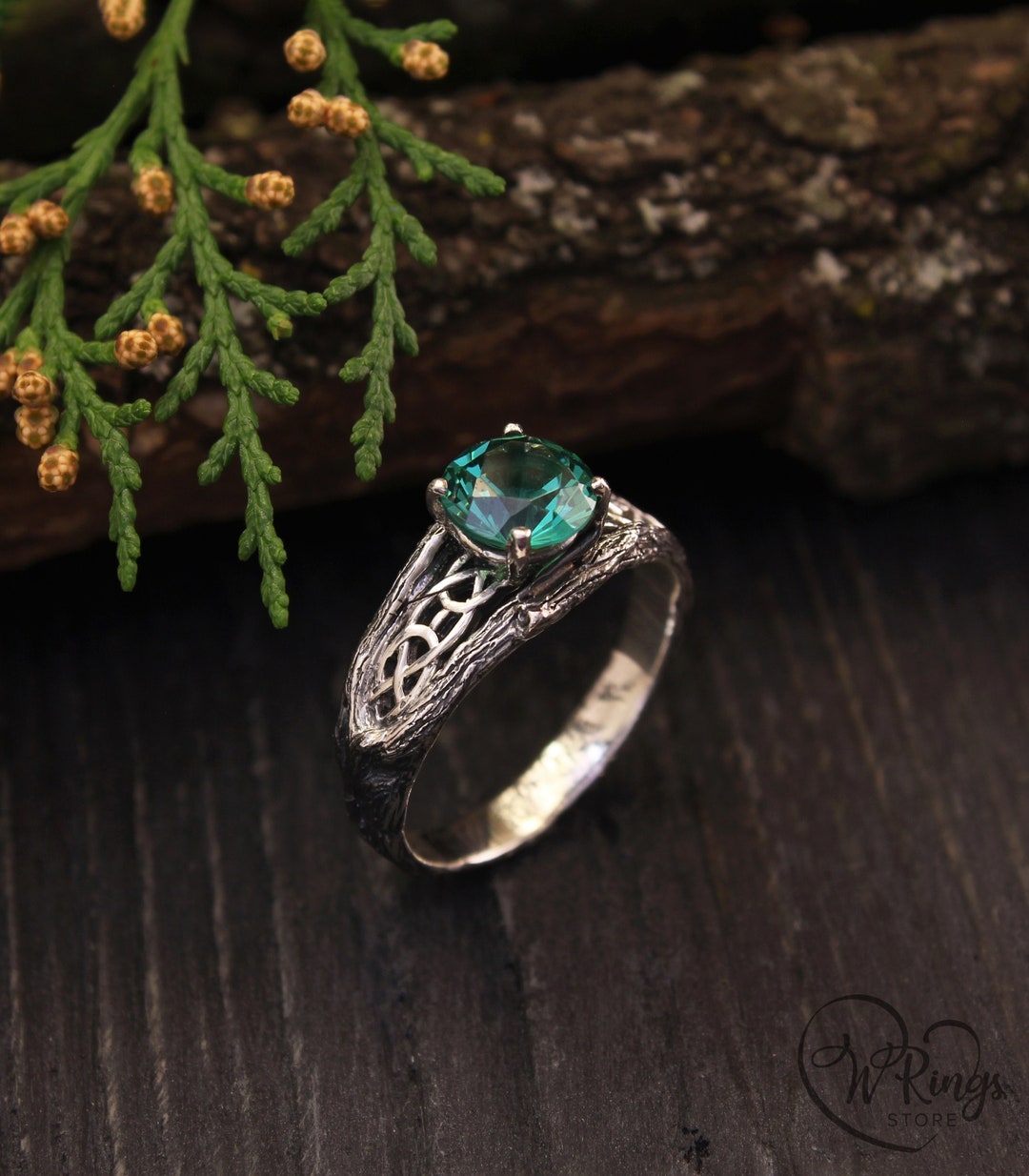 Green Quartz & Celtic Pattern Silver Ring, Braided Twig Engagement Ring ...