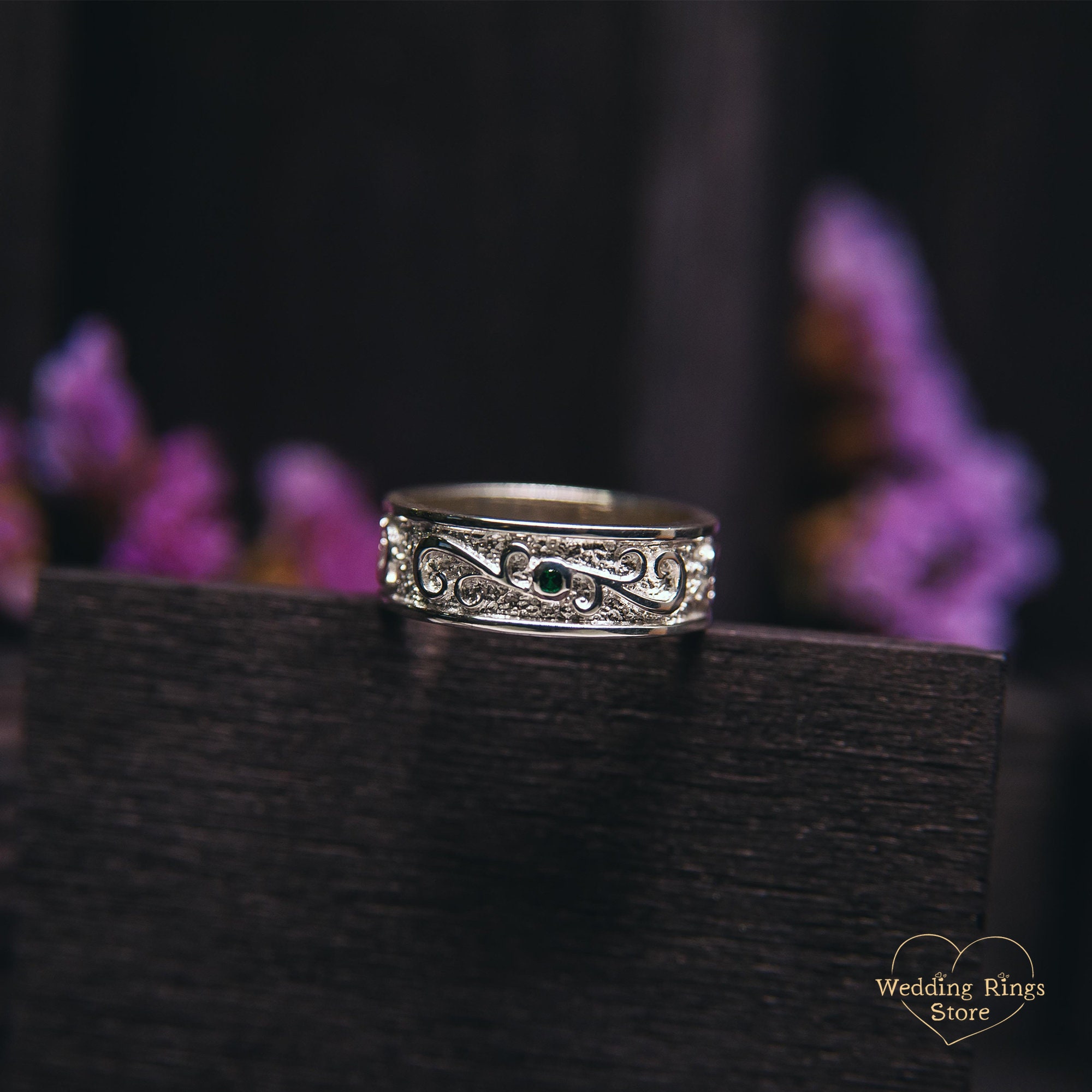 Scrollwork Ring Natural Emerald Scrollwork Ring Vintage Style - Wide Elegant Birthstone ...