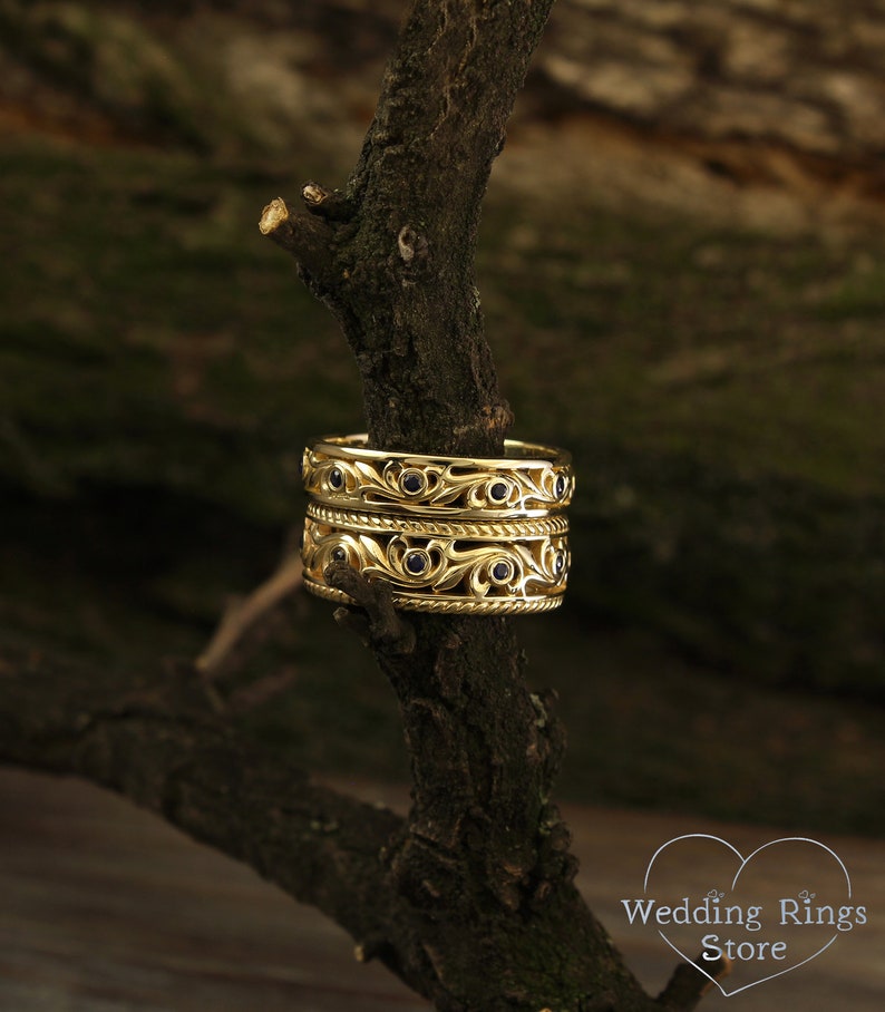 Vintage style wedding bands set with sapphires Vine wedding Etsy