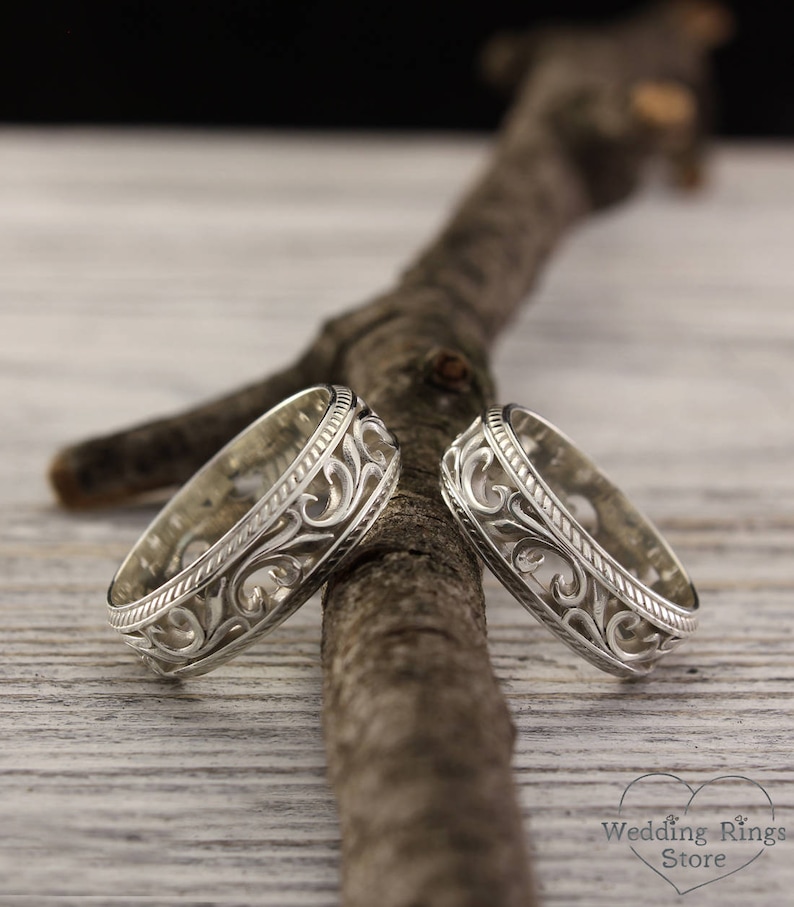 Vintage style silver wedding bands, Nature wedding rings, Couple rings, Leaves wedding band set, Expensive silver rings, Unique set ring image 5