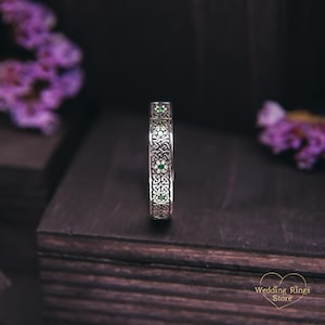 Celtic Emerald Ring with Dainty Flowers Gemstone Ring Nordic Design Emerald Infinity Ring Sterling Silver Celtic Green Stone Ring image 6
