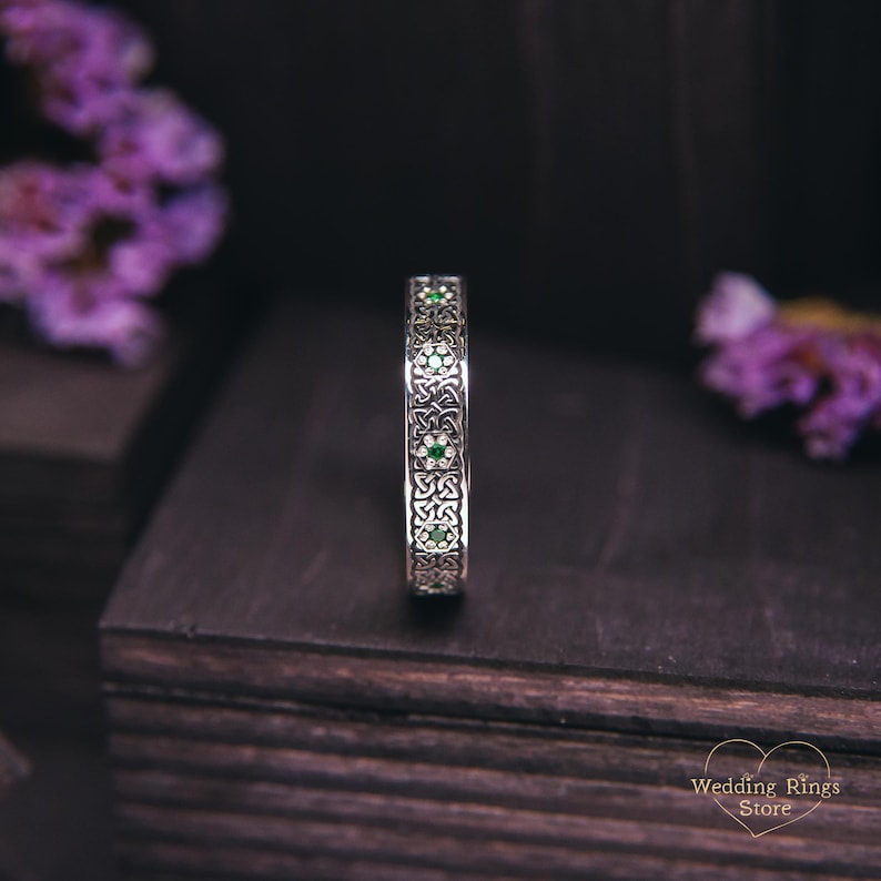 Celtic Emerald Ring with Dainty Flowers Gemstone Ring Nordic Design Emerald Infinity Ring Sterling Silver Celtic Green Stone Ring image 6