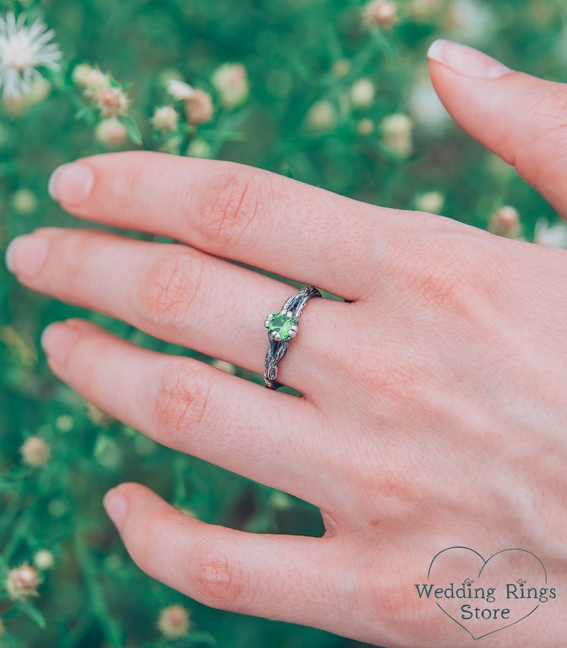 Emerald dainty branch engagement ring, Tiny twig engagement ring, Unique women's twig ring, Tree bark sterling silver ring, Emerald ring image 1