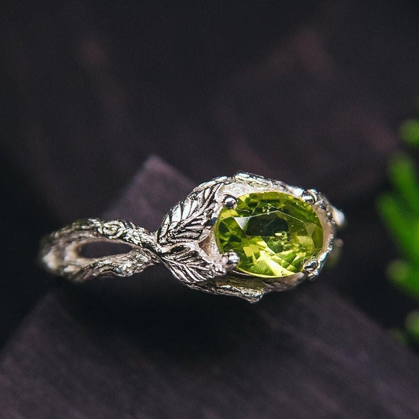 Unique Solitaire Leaves Ring with Oval Cut Peridot for Women, Her Sterling Silver Nature Inspired Ring, Leaf Gemstone Ring Gift for Wife