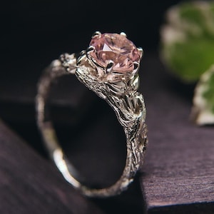 Delicate Silver Floral Design Ring for Woman with Rose Quartz and Dainty Leaves - Leaf Gemstone Promise Ring Sterling Silver for Wife Gift