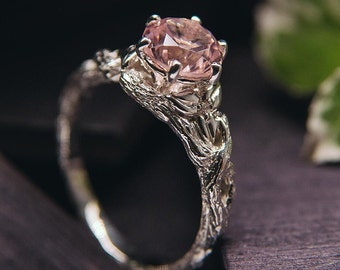 Delicate Silver Floral Design Ring for Woman with Rose Quartz and Dainty Leaves - Leaf Gemstone Promise Ring Sterling Silver for Wife Gift