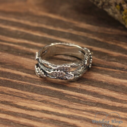 Oak Leaf Silver Wedding Band — Leaves shops on Split Branch Ring — Unique Statement Nature Ring — Purity Promise Ring for Her — Fall Birthday Gift