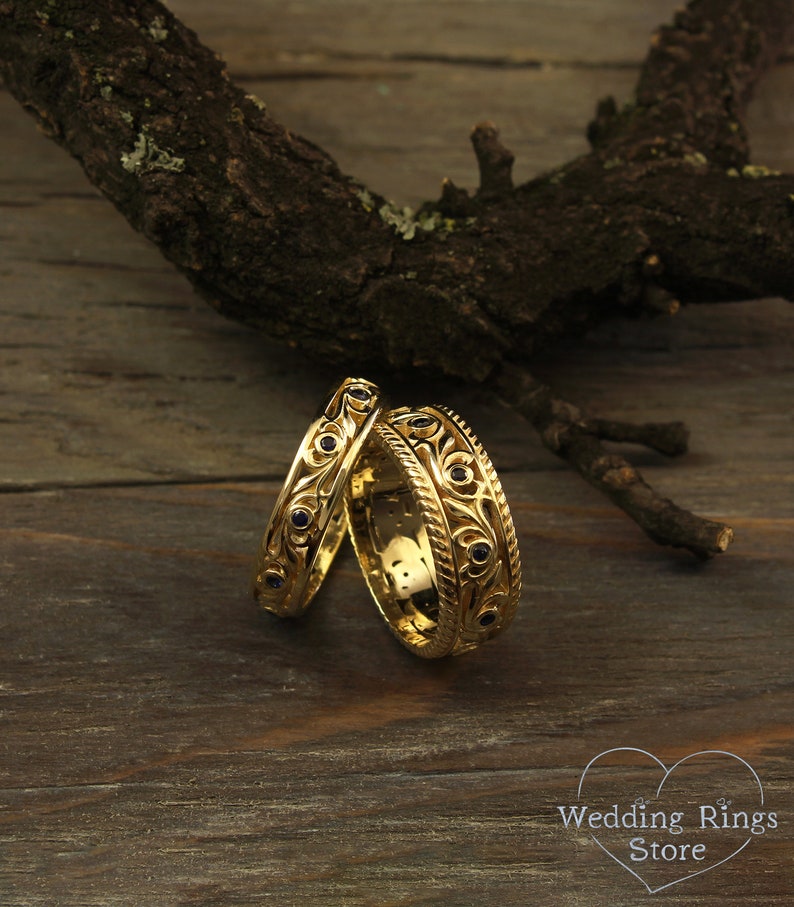 Vintage style wedding bands set with sapphires Vine wedding Etsy