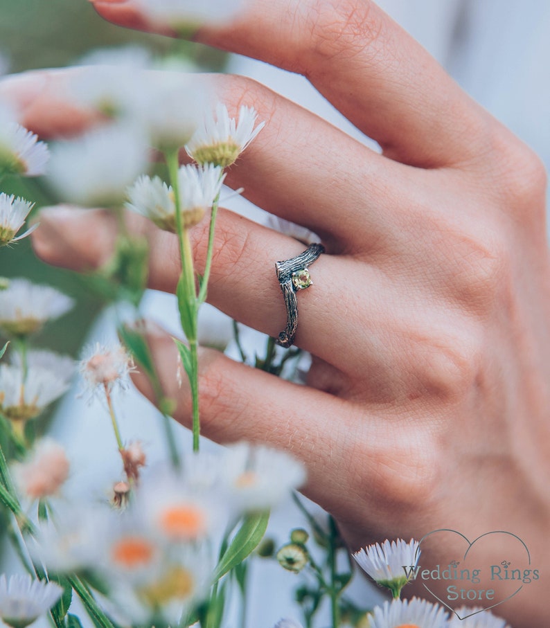 Tiny branch engagement ring with peridot, Dainty peridot ring, Small branch engagement ring, Women's peridot ring, Nature ring, Unique gift image 1