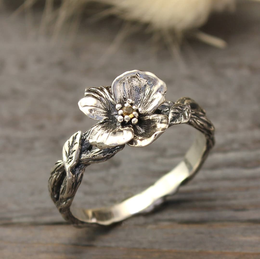 Citrine Branch Engagement Sterling Silver Ring, Unique Floral