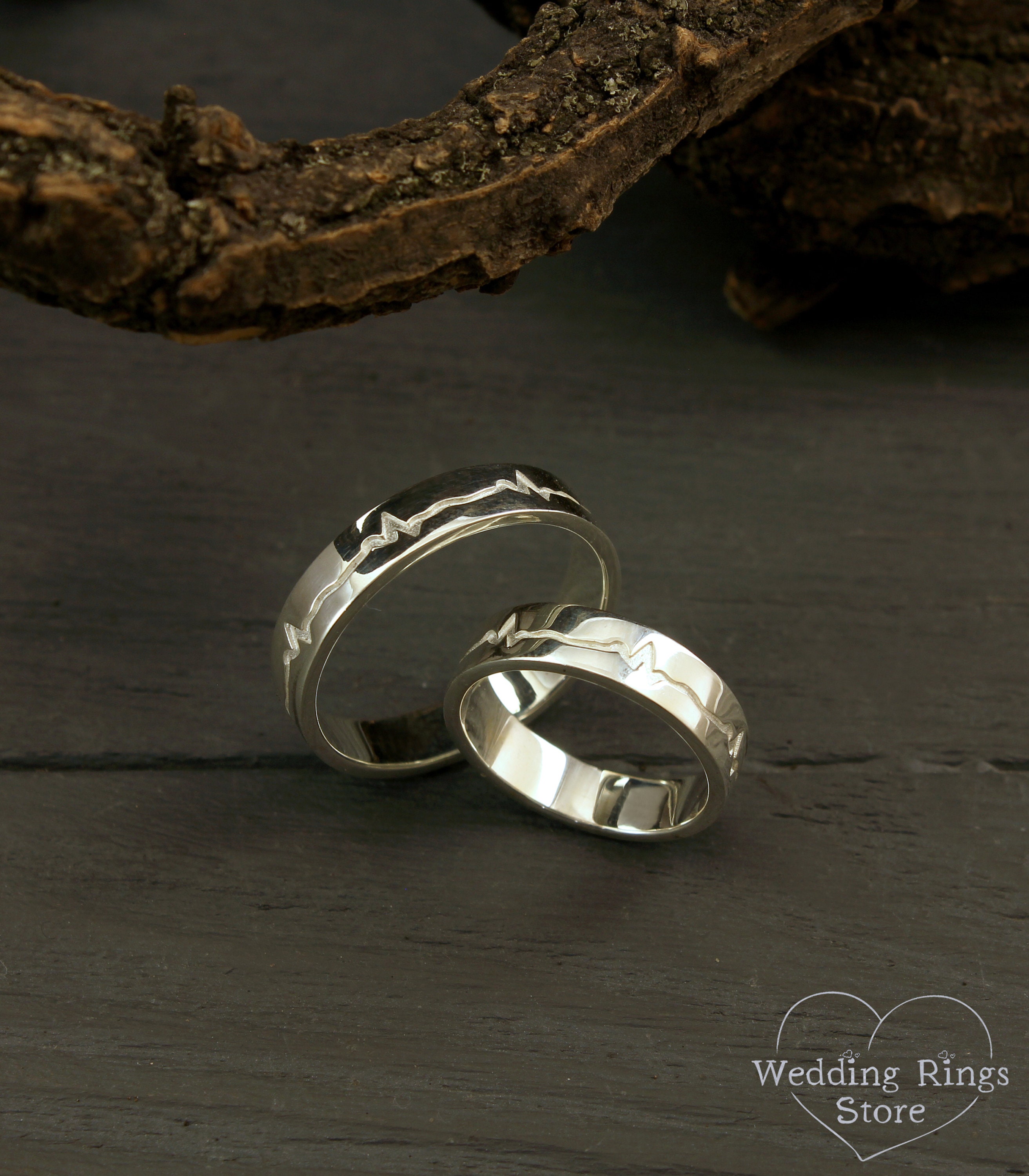 Heartbeat engagement rings Heartbeat silver wedding bands Etsy