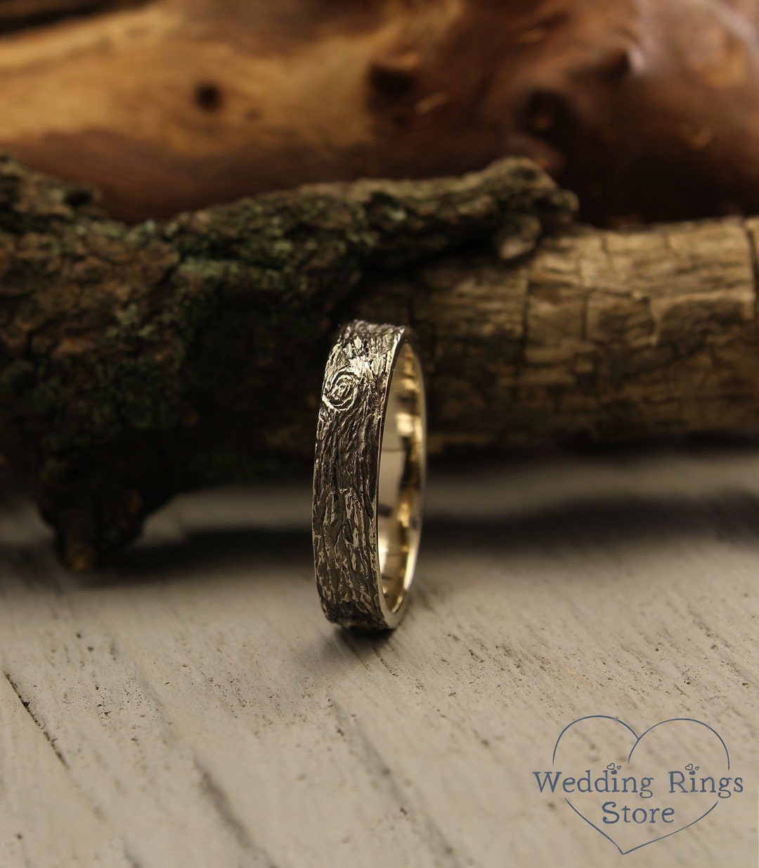 5mm Tree White Gold Wedding Band, Wild Nature Ring, Tree Bark Gold