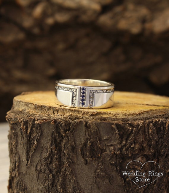 Men s sapphire sterling silver heavy wedding band Durable ring with dark blue stones Unisex ring with geometric design 9mm wedding band