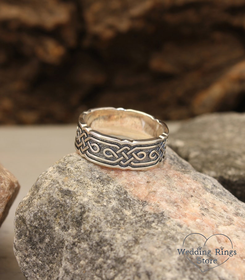 Mens Celtic Wedding Band Wide Silver Ring Viking Wedding Ring Vintage style ring Scottish Ring Brutalist Sterling Silver Band image 4