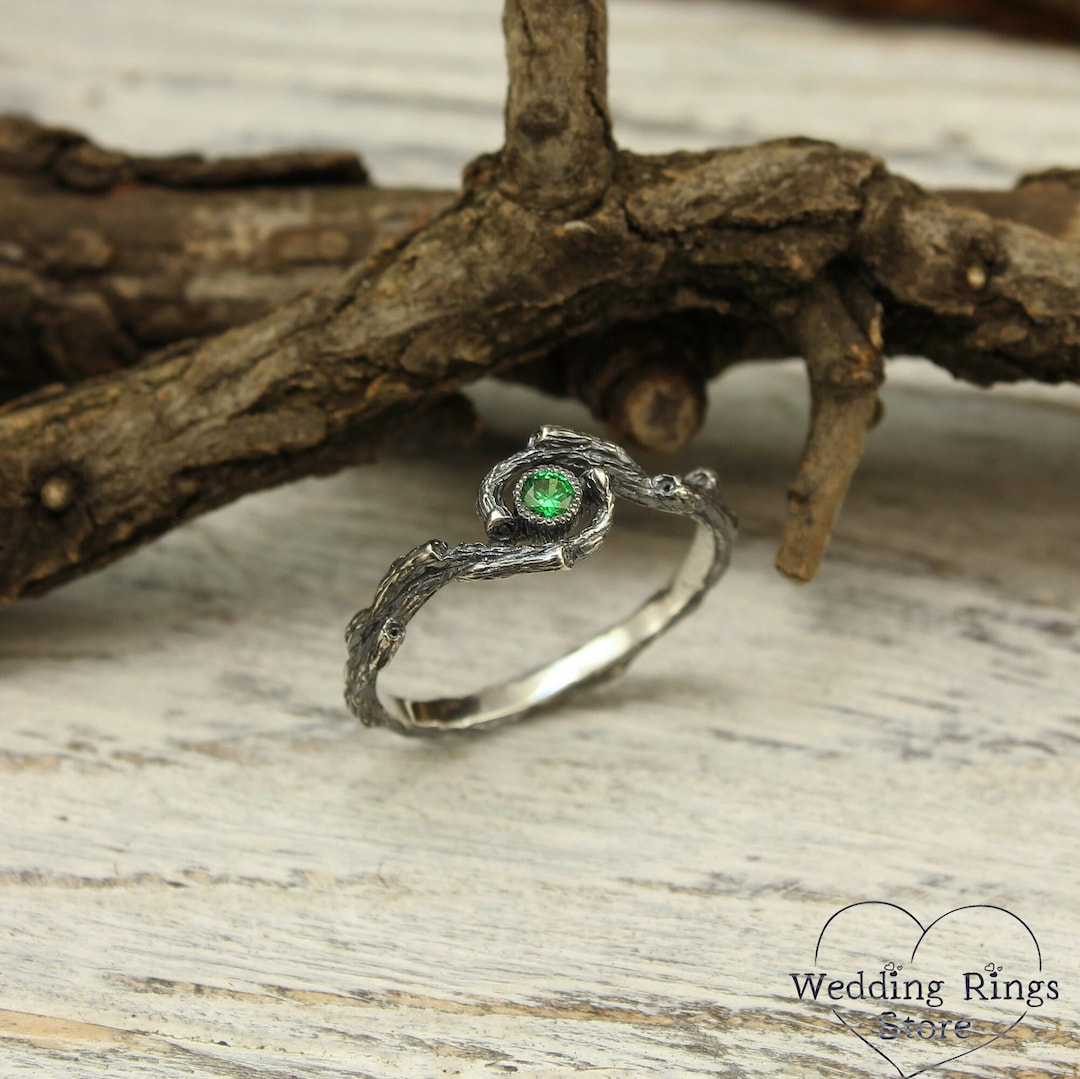 Emerald Tiny Branch Engagement Ring, Dainty Tree Bark Silver  925 Sterling Silver Dainty Leaf Ring Twig Ring Branch Ring Green Stone Ring main image 0