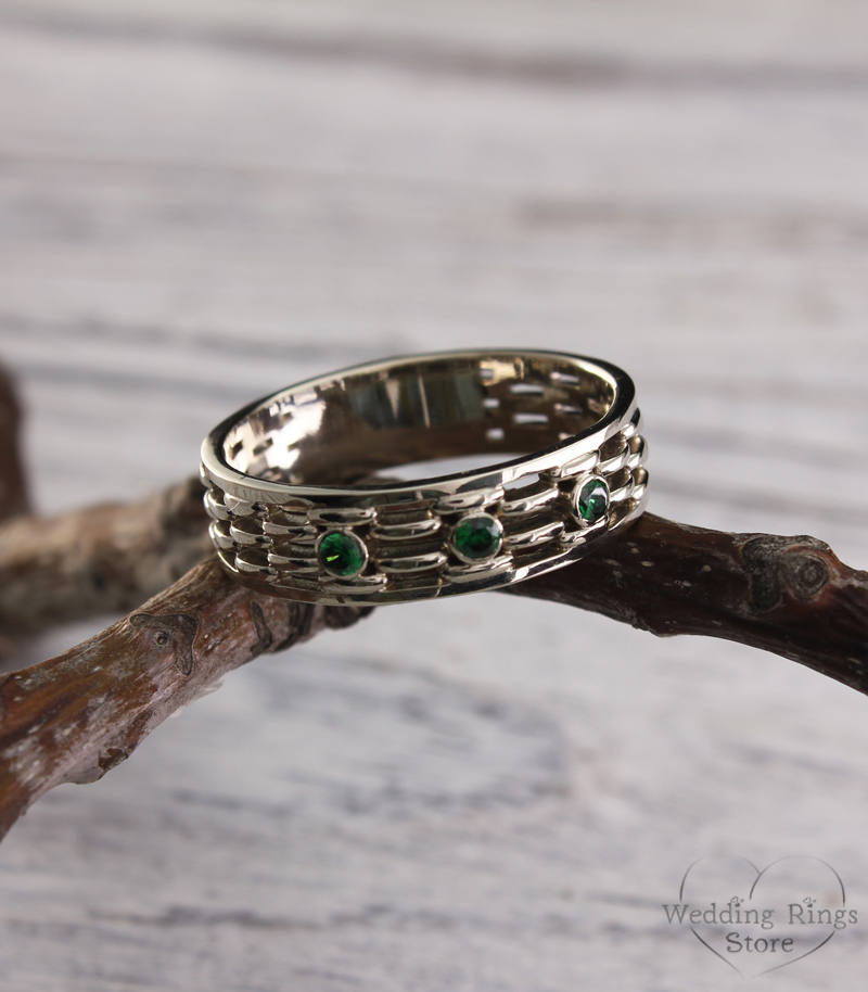 Men's white gold emerald wedding band Emerald wedding Etsy